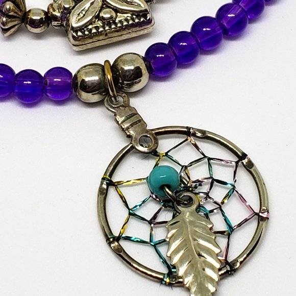 Sterling Silver Purple Bead Two Layer Dream Catcher Necklace Southwest Style - Picture 4 of 11
